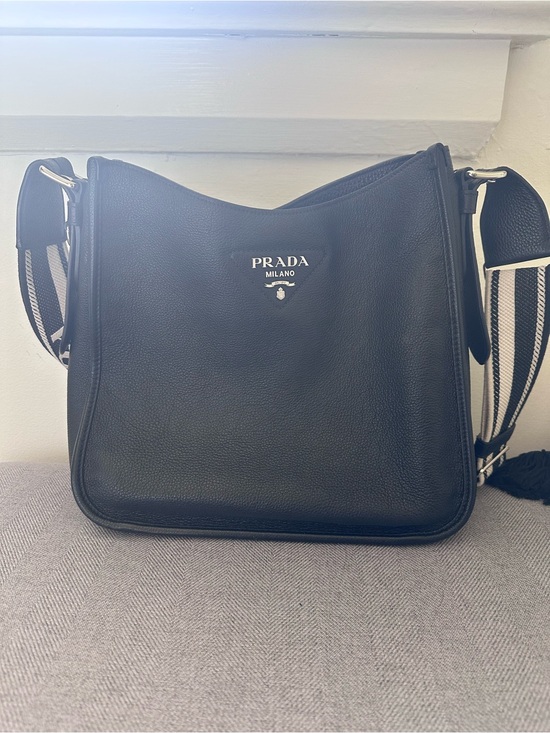 Prada Handbags - Prada Black Pebbled Leather Bag with Striped Strap